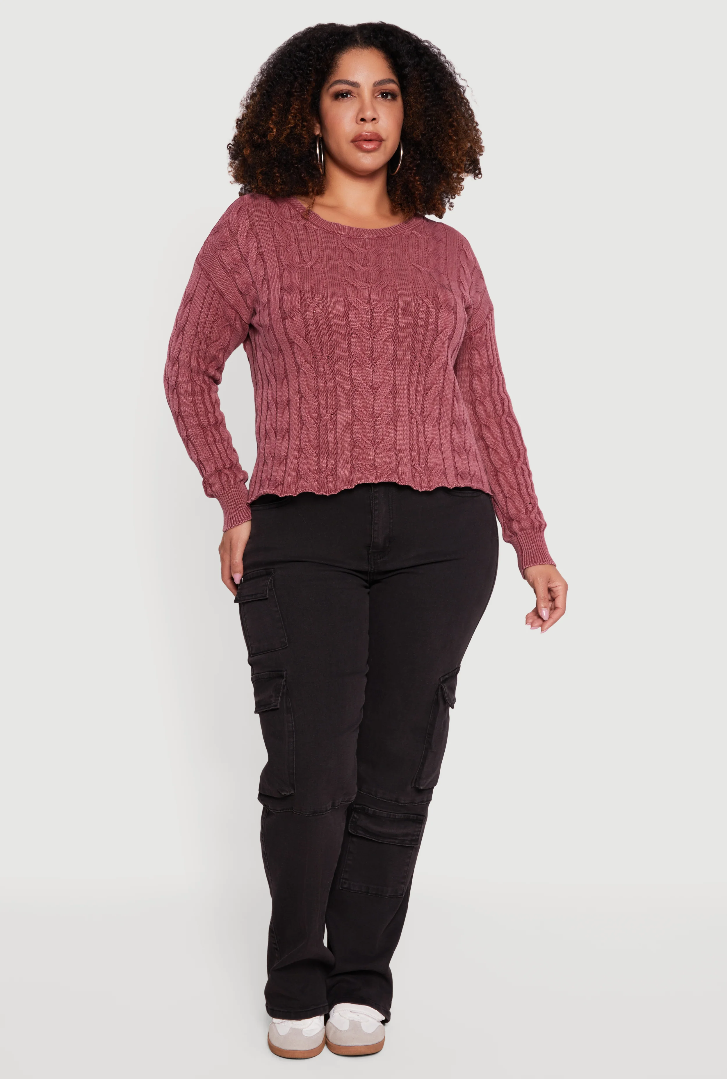 Plus Size Long Sleeve Cable Knit Crew Neck Sweater