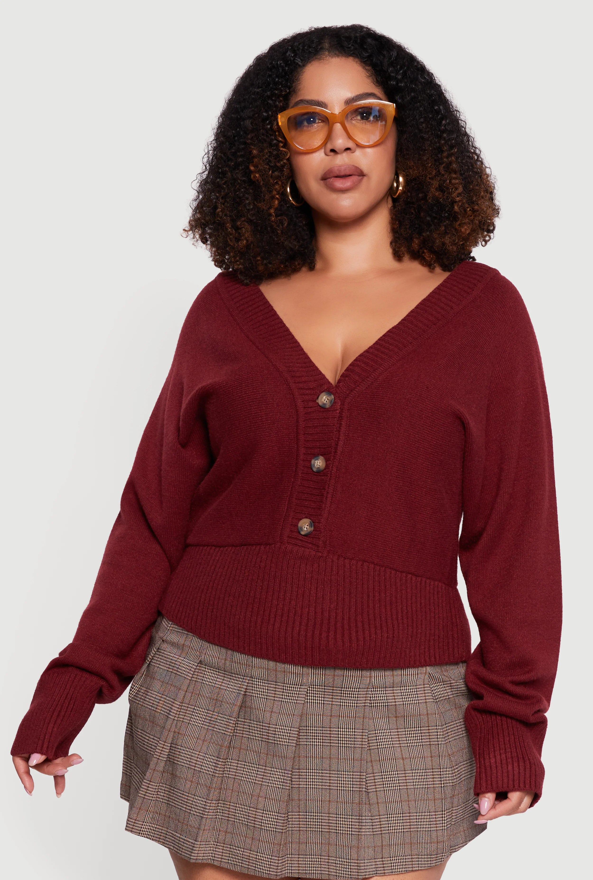 Plus Size Lace Up Back V-Neck Sweater with Buttons