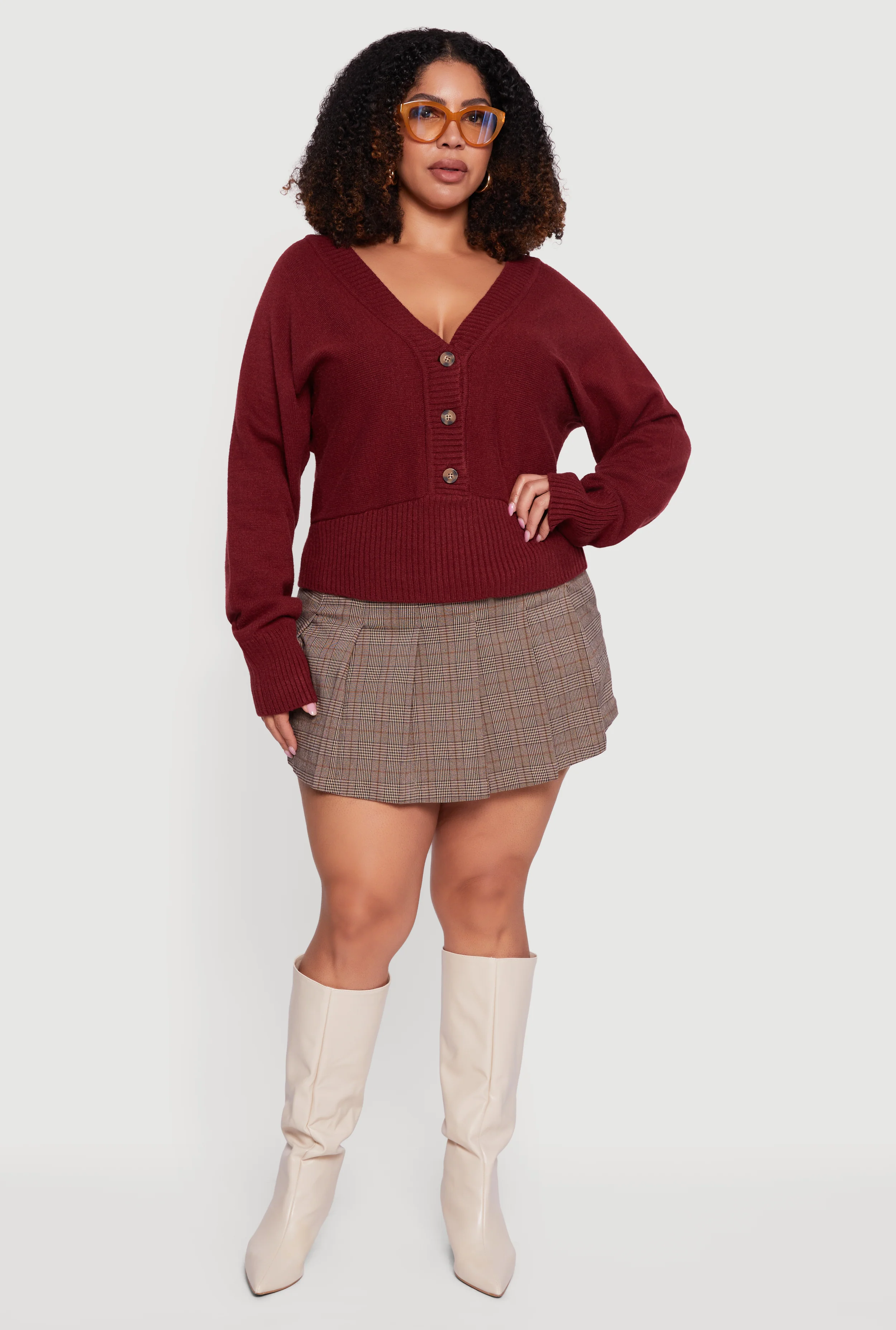 Plus Size Lace Up Back V-Neck Sweater with Buttons