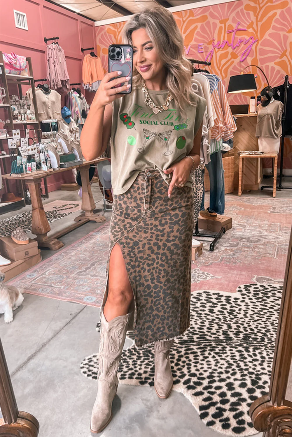 Brown Leopard Denim Frayed Split Denim Midi Skirt