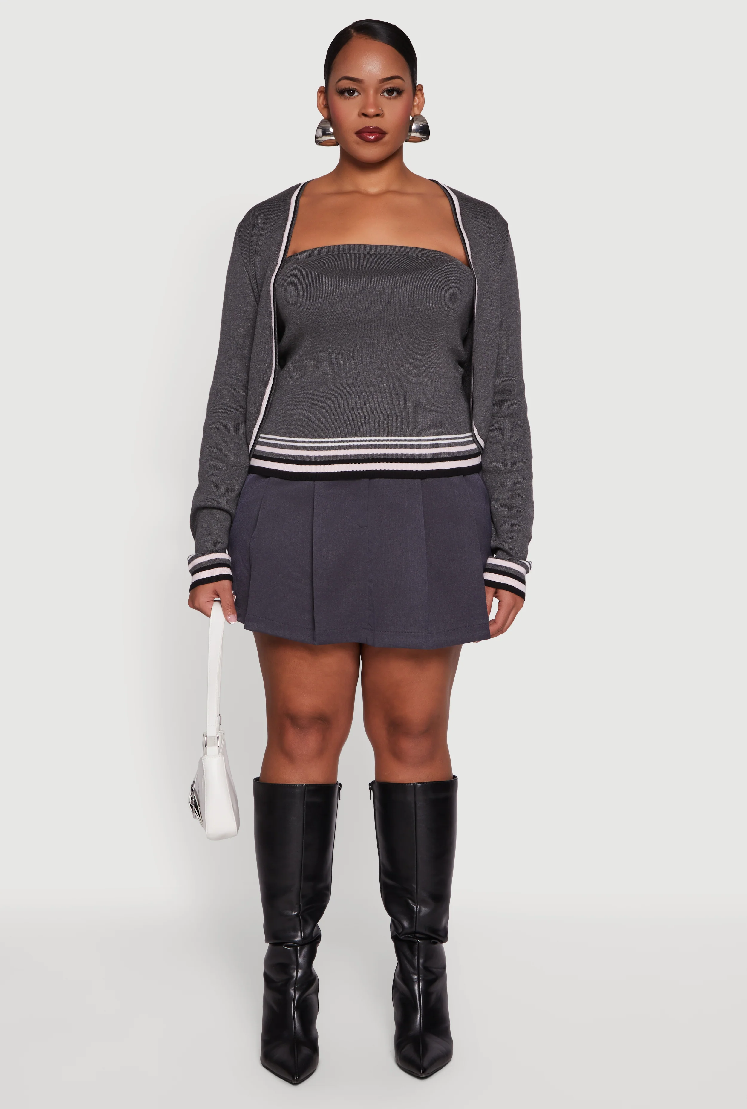 Plus Size Open Front Cropped Cardigan with Tube Top