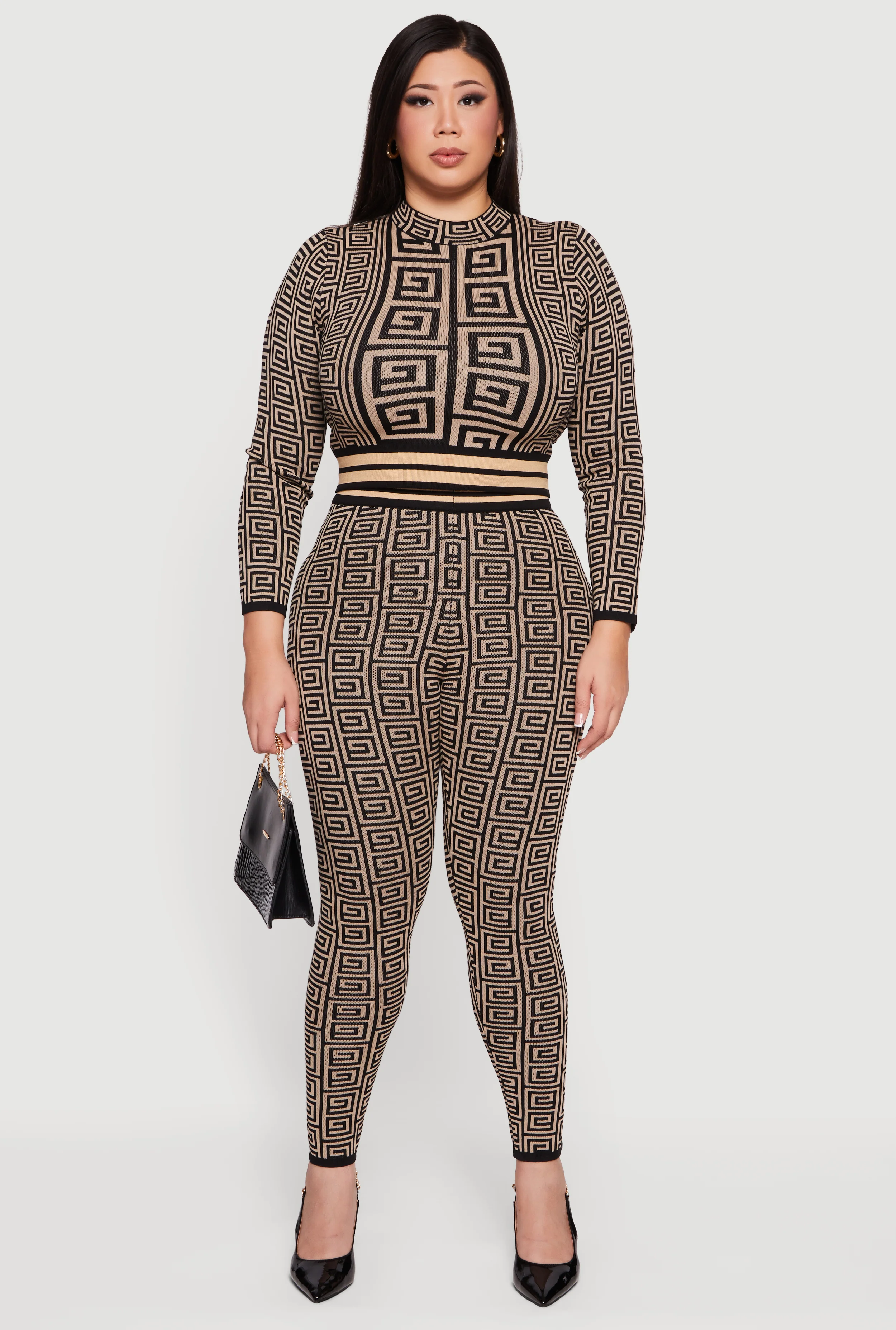 Plus Size Long Sleeve Geometric Print Cropped Sweater