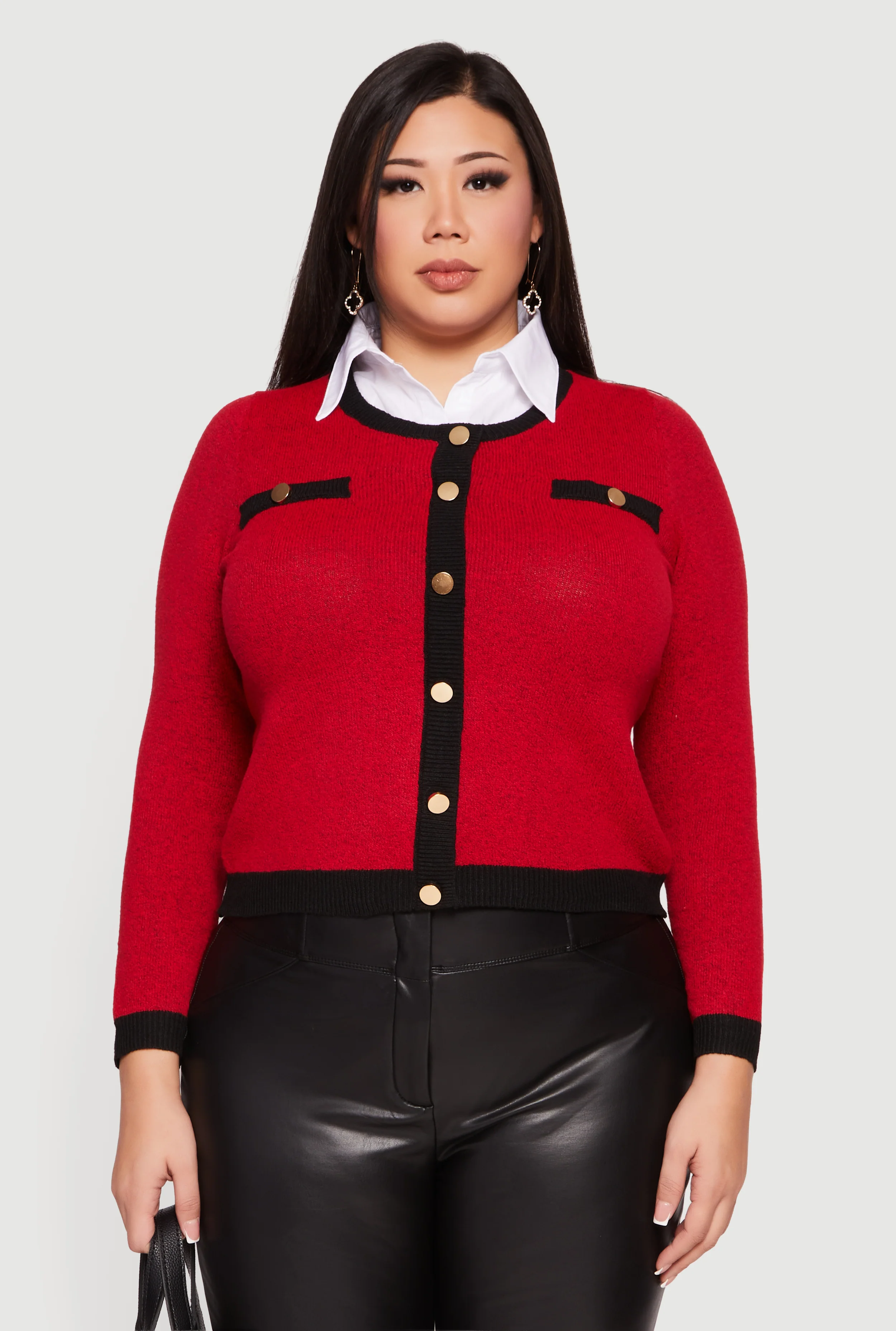 Plus Size Contrast Trim Shirt Collar Sweater