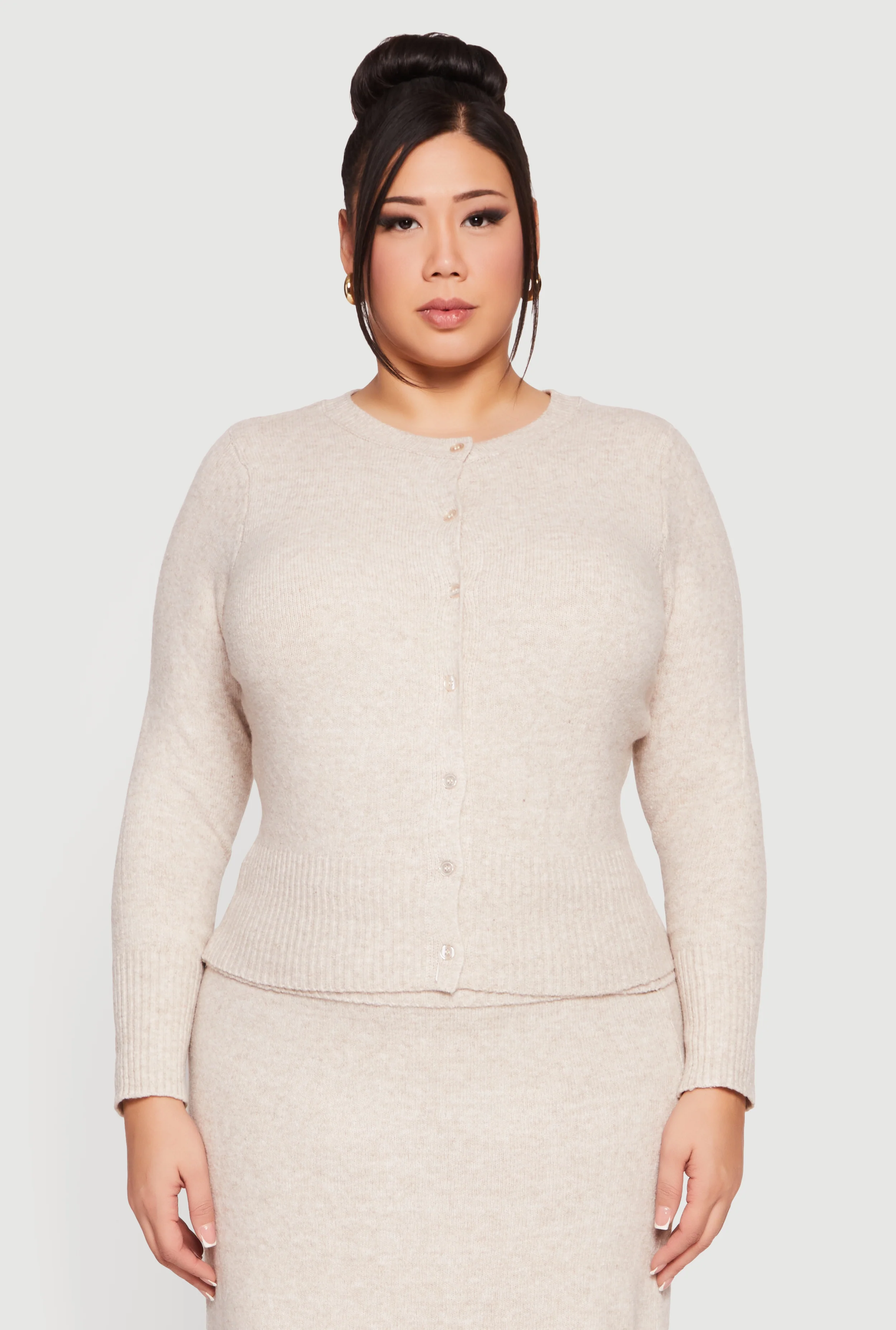 Plus Size Ribbed Knit Button Front Cardigan